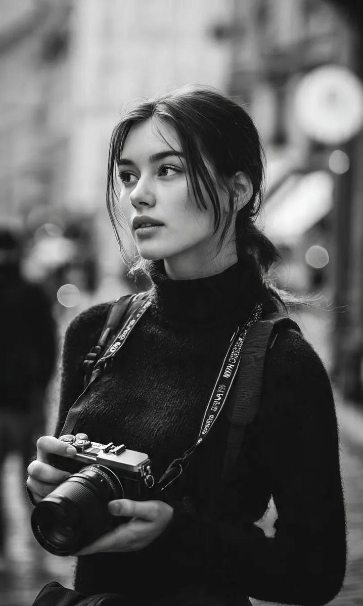 电影感黑白街头人像，年轻女性
