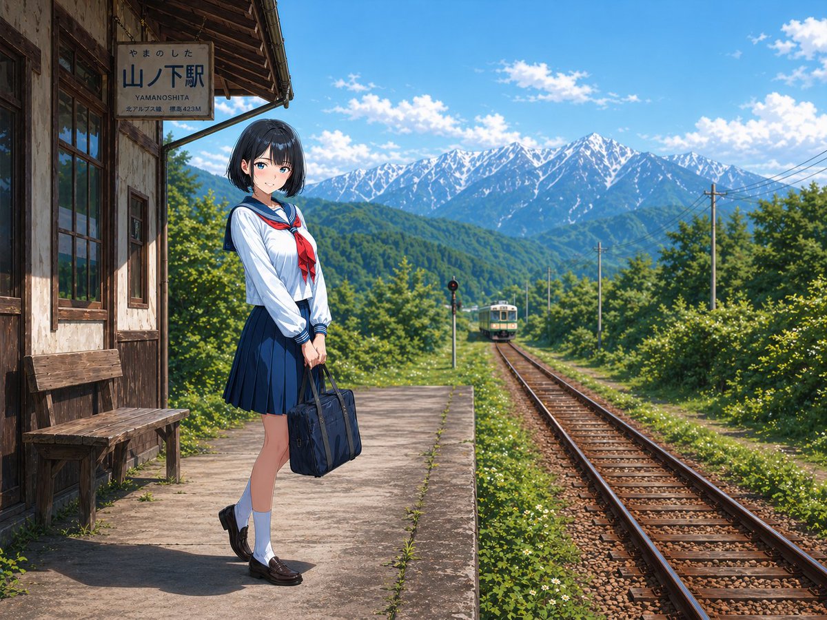 乡村车站女学生场景