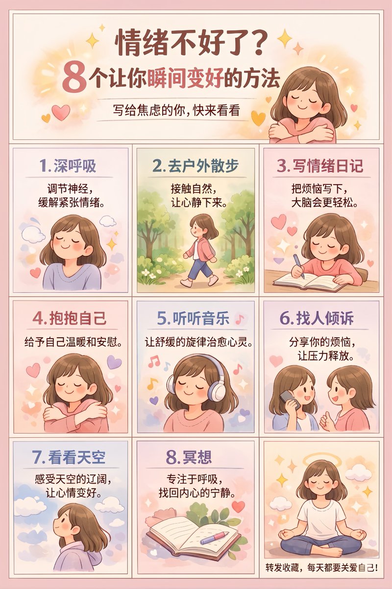 9格自我关怀信息图拼贴