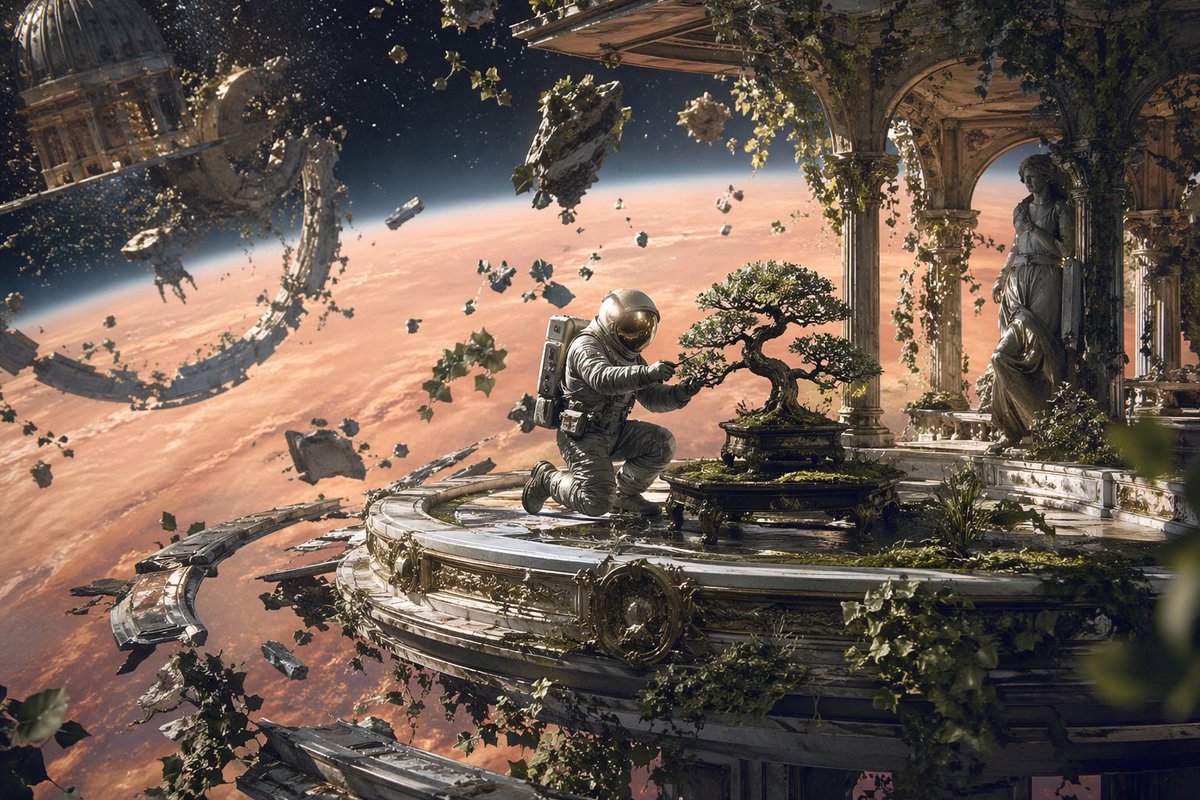 宇航员在太空废墟中照料盆景
